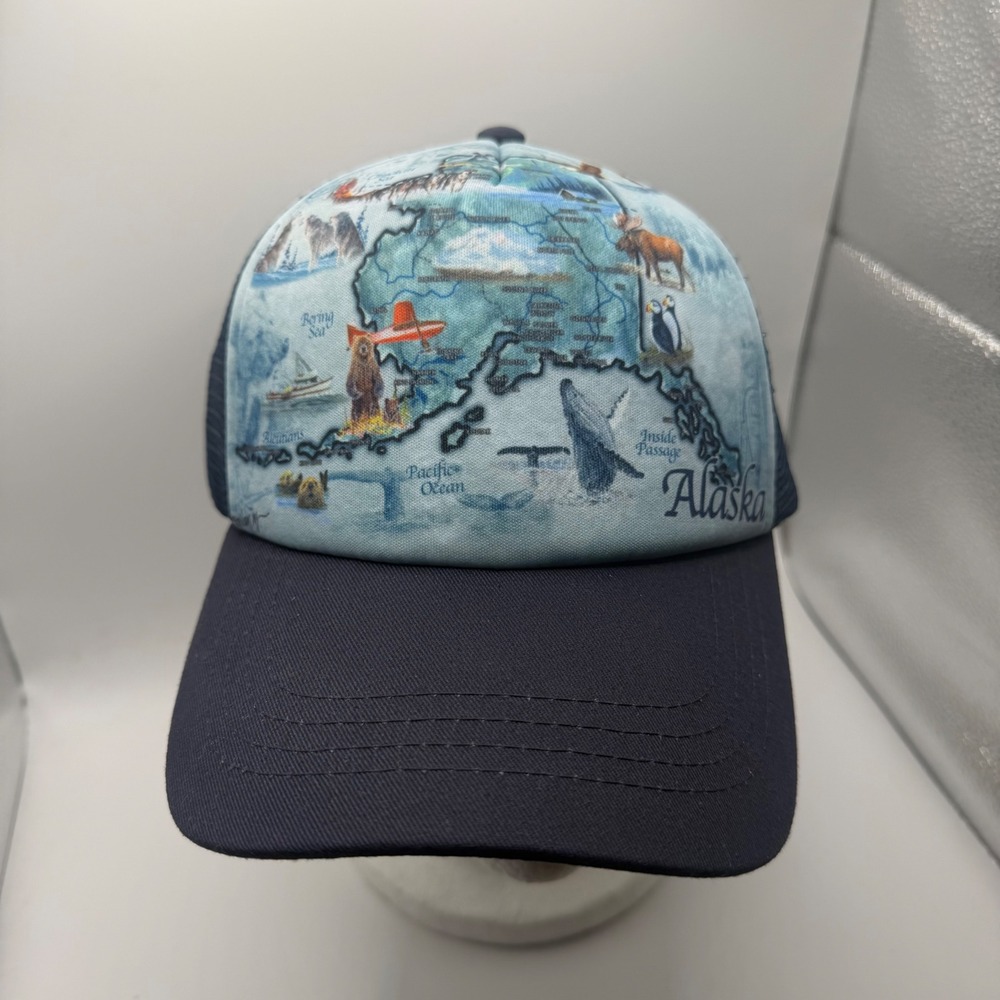 Alaska Outpost Blue Map Wildlife Trucker Hat Adjustable Snapback Brand New